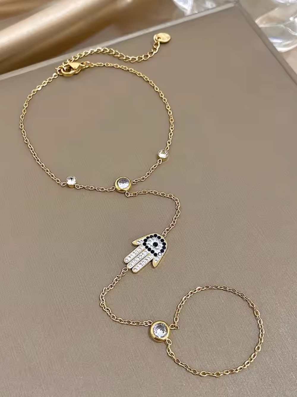 Kohl's Gold-Tone Hamsa Hand Crystal Accent Hand Chain Bracelet